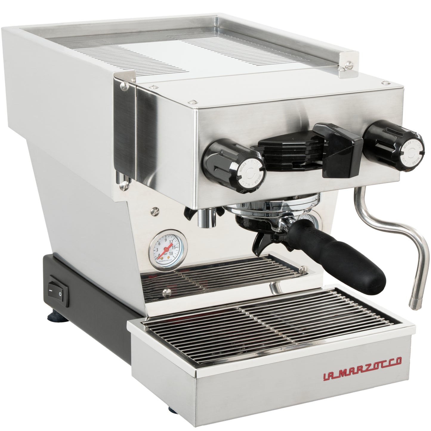 La Marzocco Linea Micra in edelstahl in Ansicht von schraeg vorne