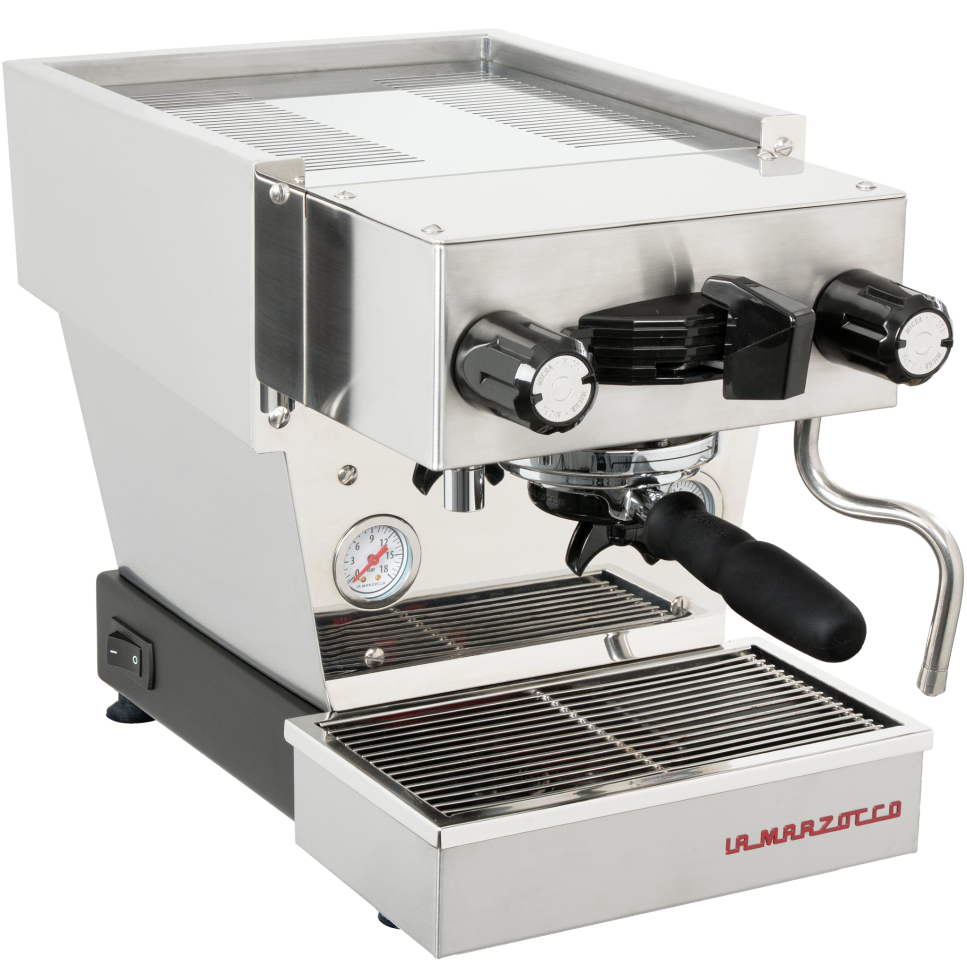 La Marzocco Linea Micra in edelstahl in Ansicht von schraeg vorne