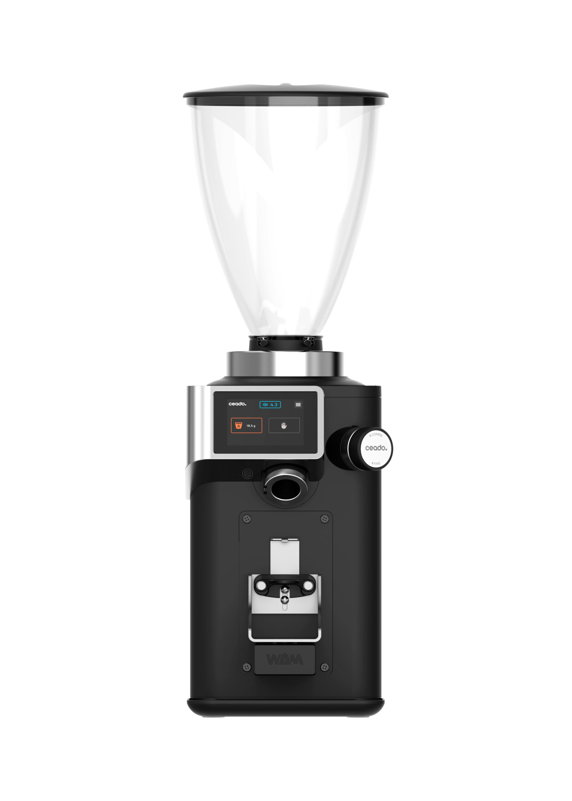 Frontansicht einer Ceado REV Steel. minimales Display.Die Ceado Rev Steel vereint industrielle Präzision mit elegantem Design – für konstante Mahlergebnisse und volle Kontrolle bei jeder Espressozubereitung.