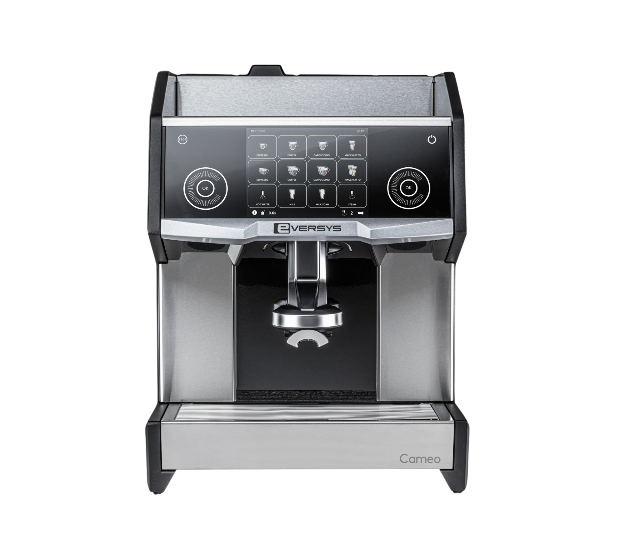 Eversys Cameo Kaffeemaschine – Frontansicht mit Touchscreen und Kaffeeauslauf