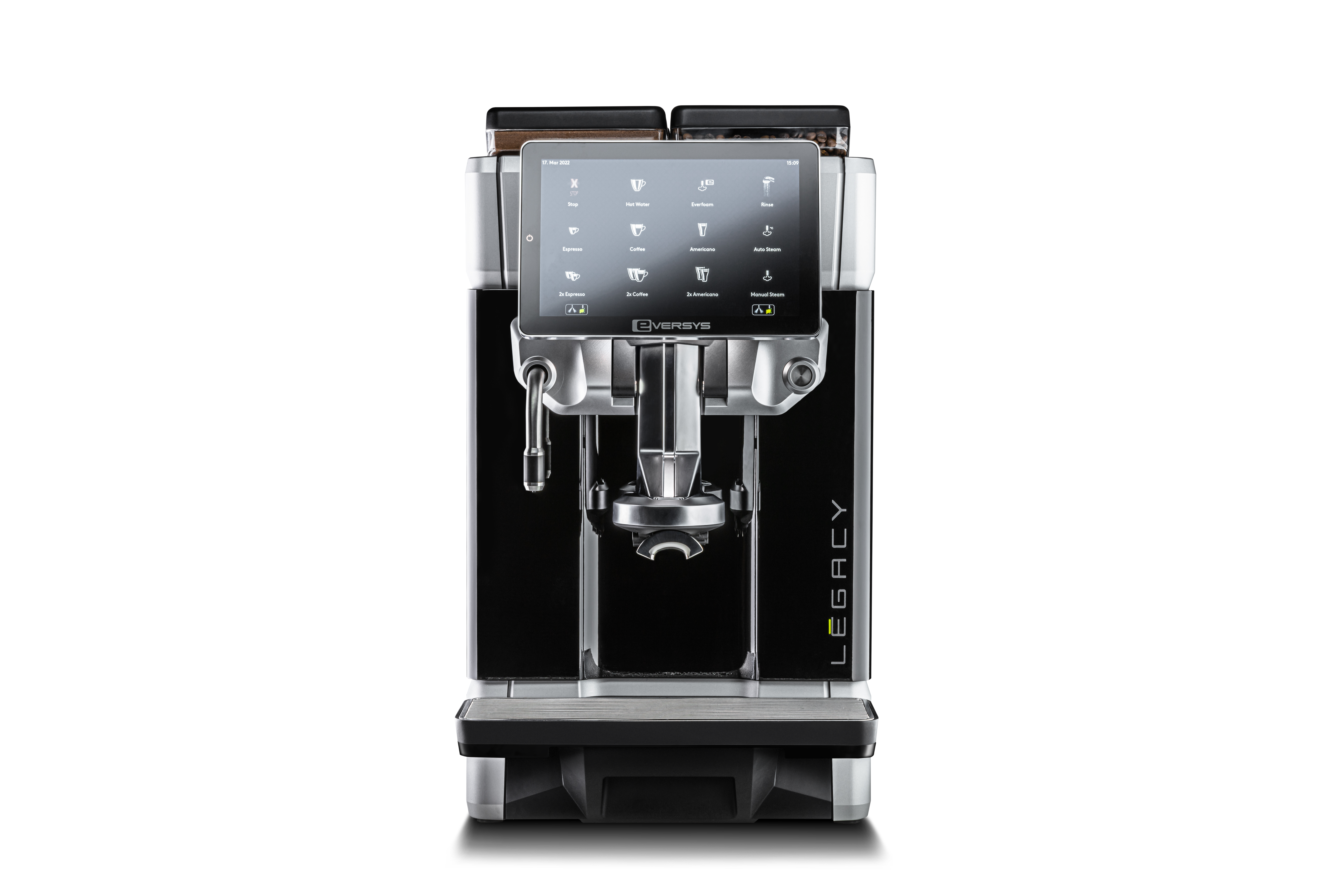 Frontansicht einer Eversys Legacy mit 1.5 Step, Touchdisplay, Doppelauslauf